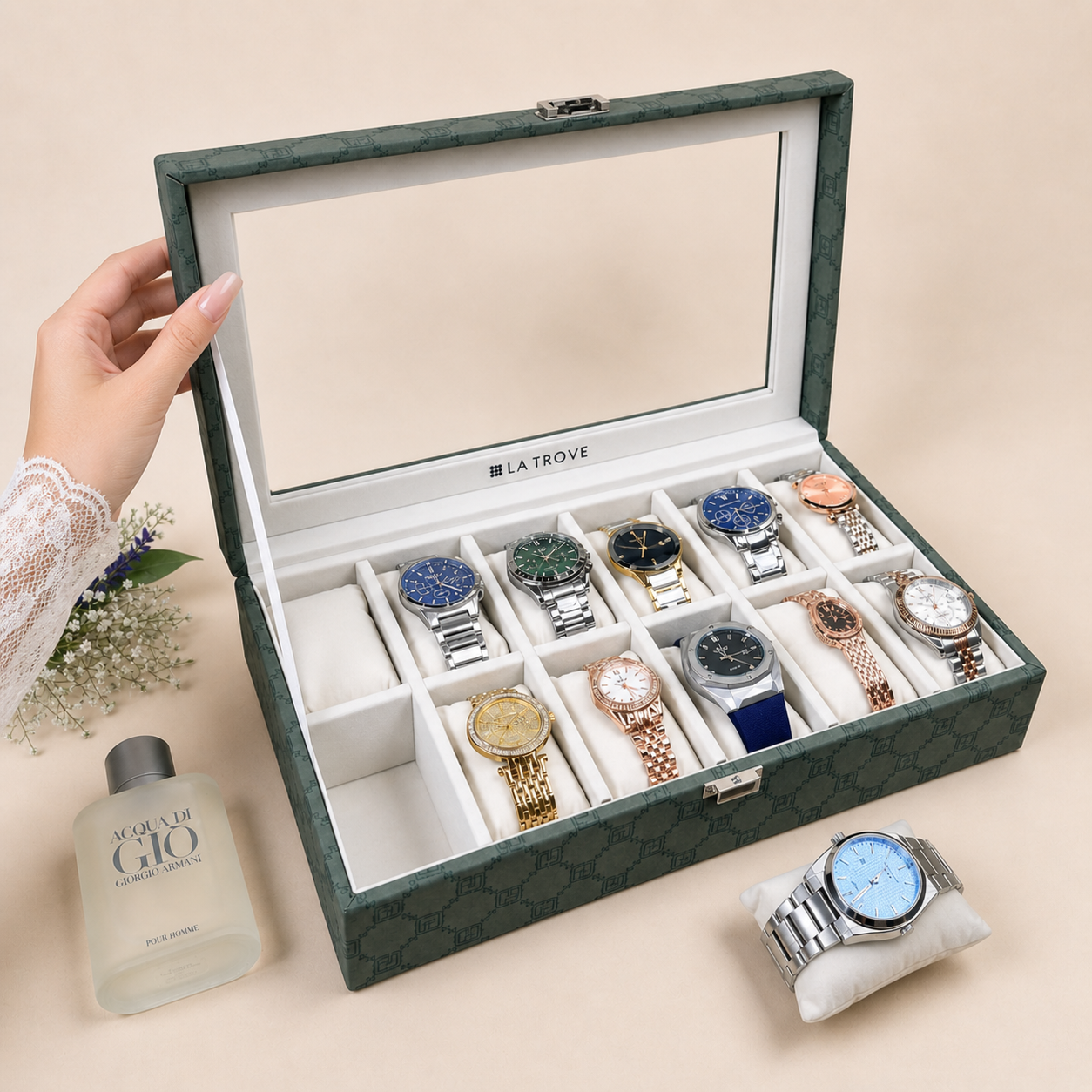 Designer 12-Slot Watch Box with Glass Top