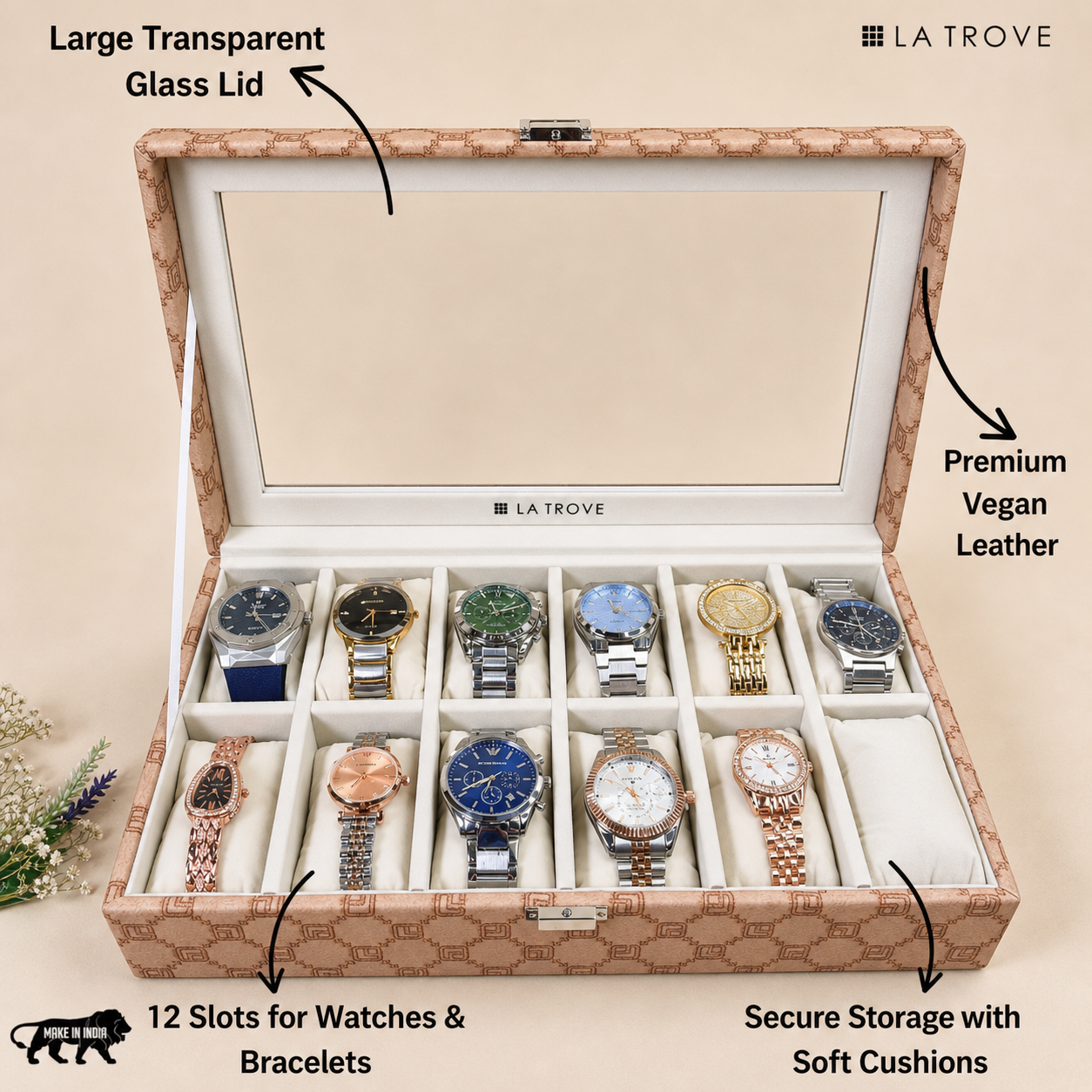 Designer 12-Slot Watch Box with Glass Top