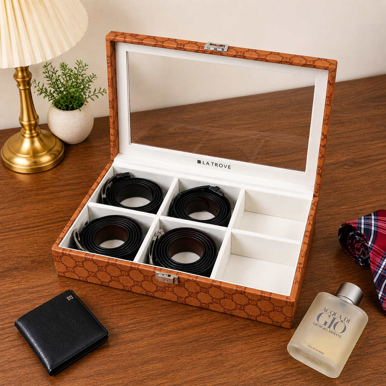 Designer 6 Slot Belt Box With Glass Lid