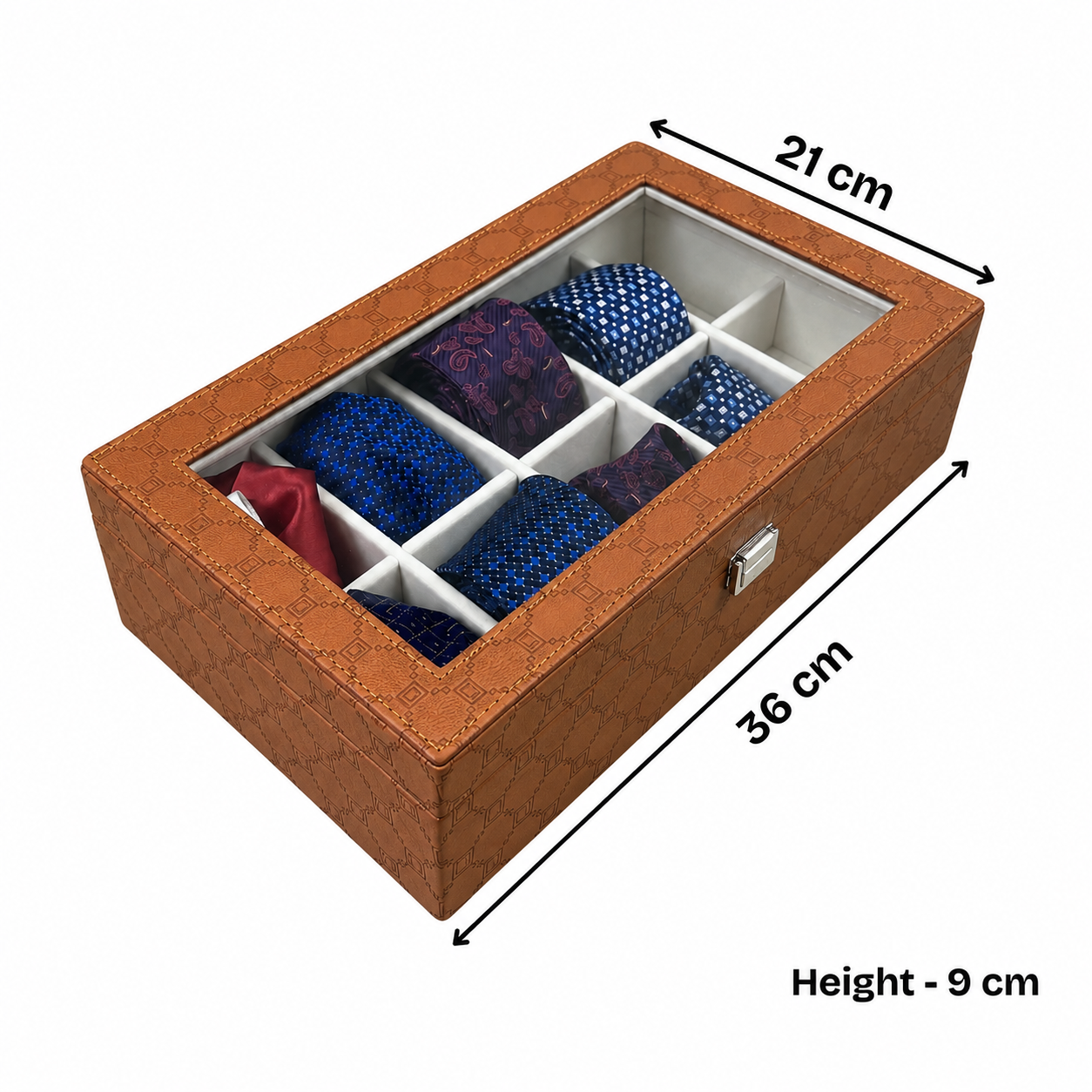 Designer 10 Slot Tie Pocket Square Box With Glass Top