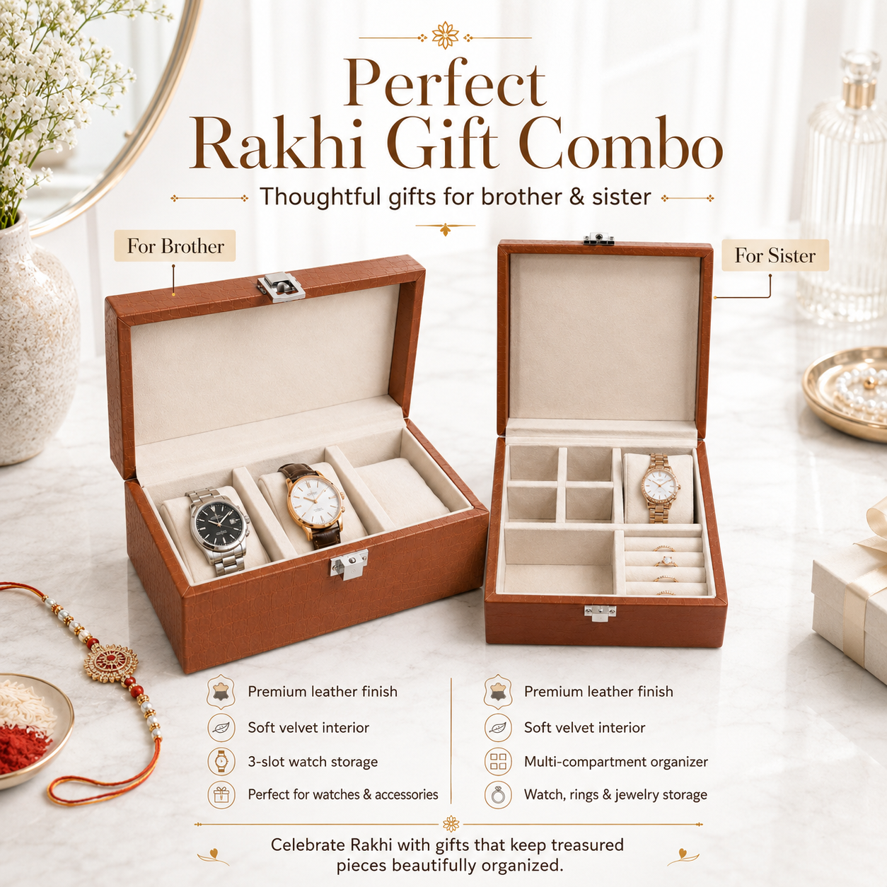 Rakhi Gift Combo for Brother & Sister Watch Box & Jewellery Organizer