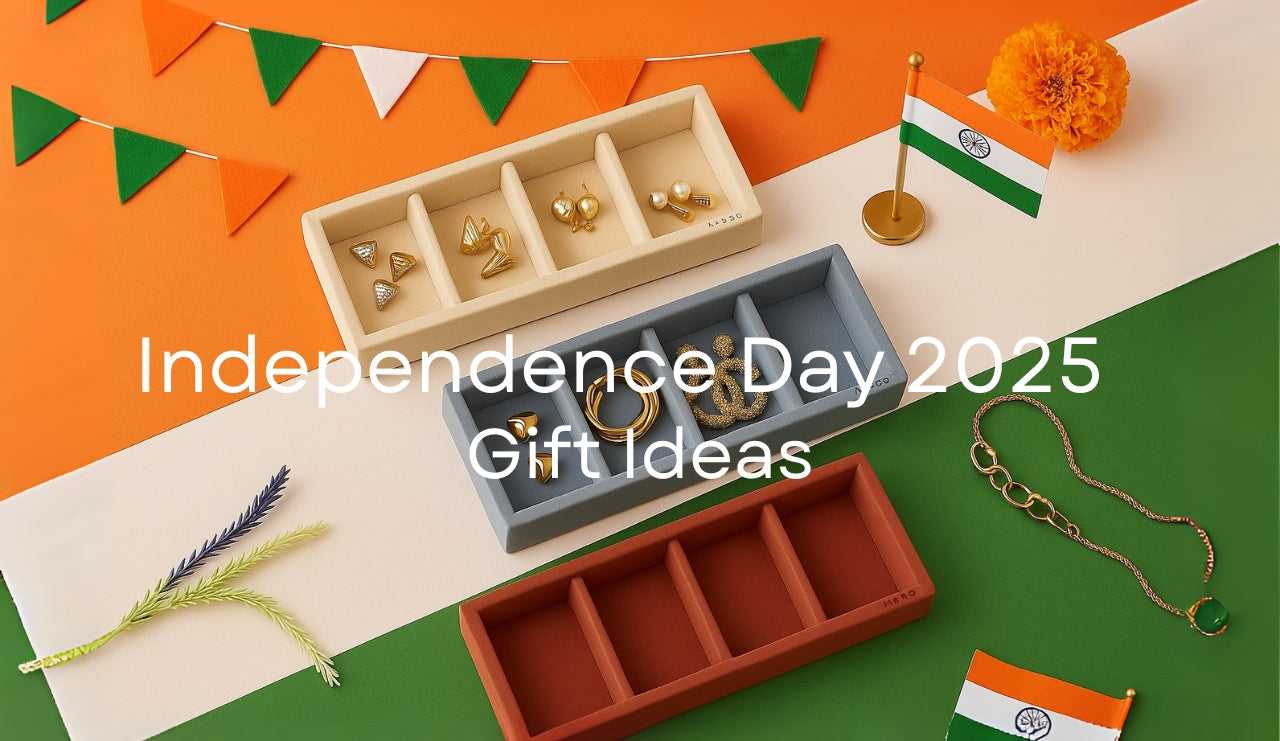 Elegant jewellery organisers styled for Independence Day 2025 in India with festive decor.
