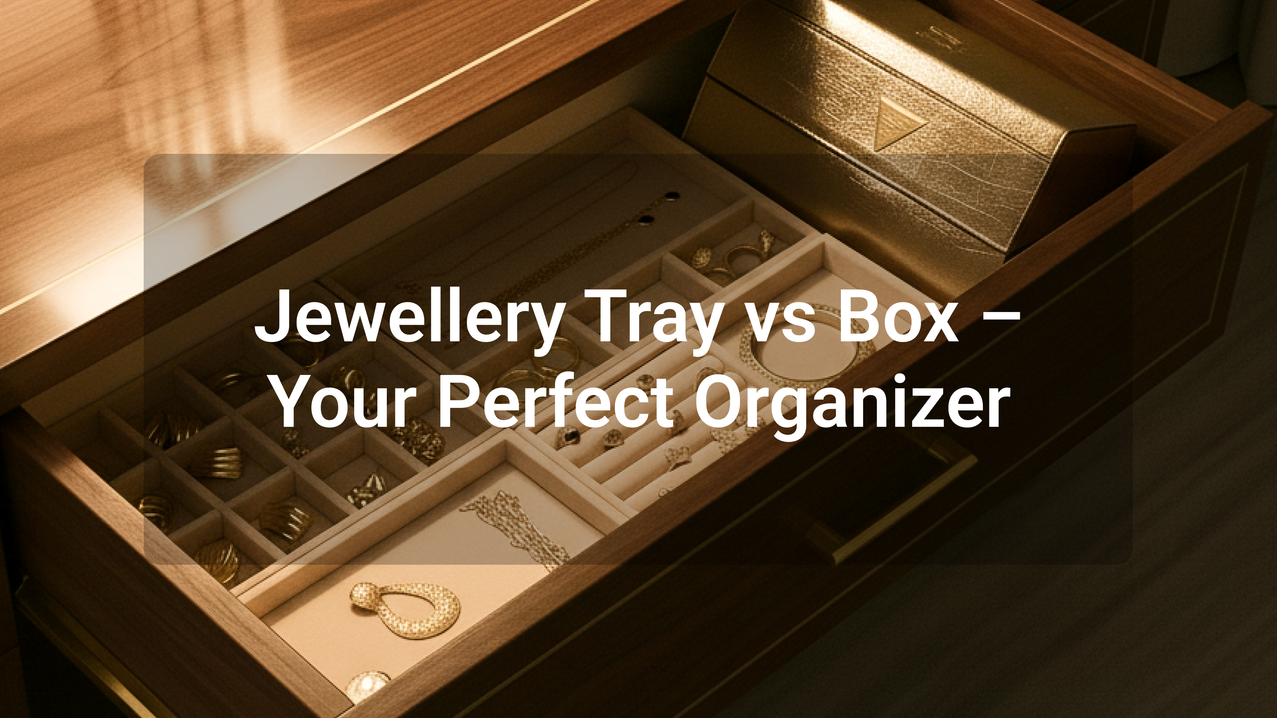 Jewellery tray vs jewellery box – elegant organiser with gold jewellery neatly stored in a wooden drawer.