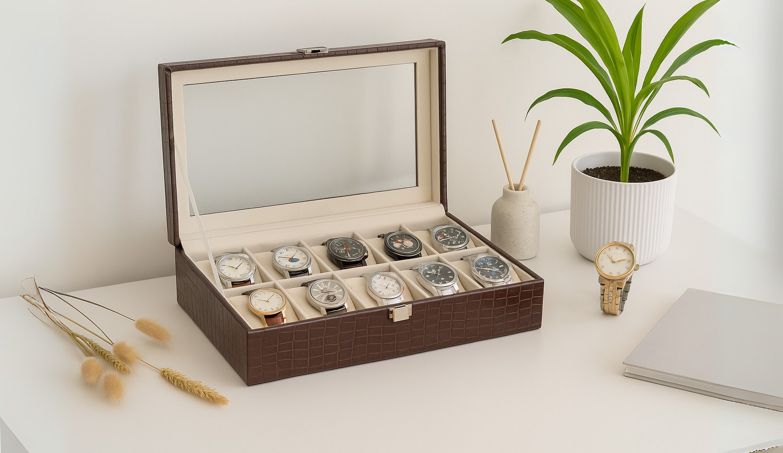 10-slot brown leatherette watch box with glass top displaying assorted men's wrist watches.
