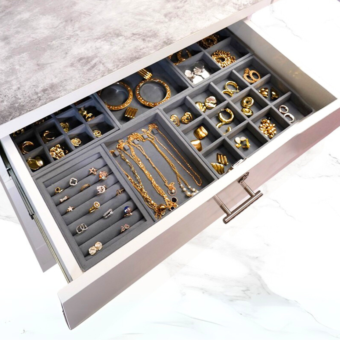 Velvet wardrobe drawer organiser for jewellery and watches