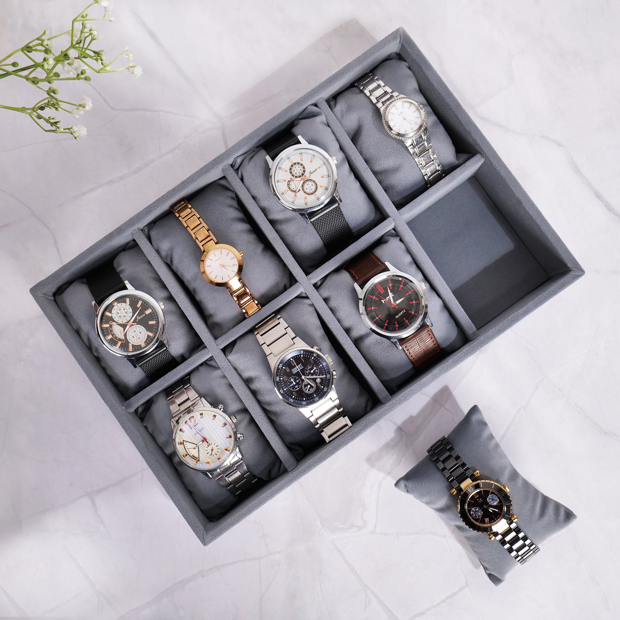 8 Slot Watch Tray in Cream – Elegant Leatherette Organizer by La Trove.