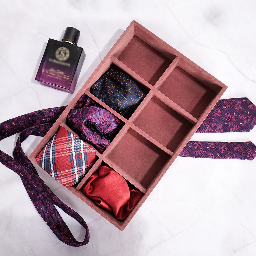 Dark pink 8-slot velvet tie tray with elegant finish