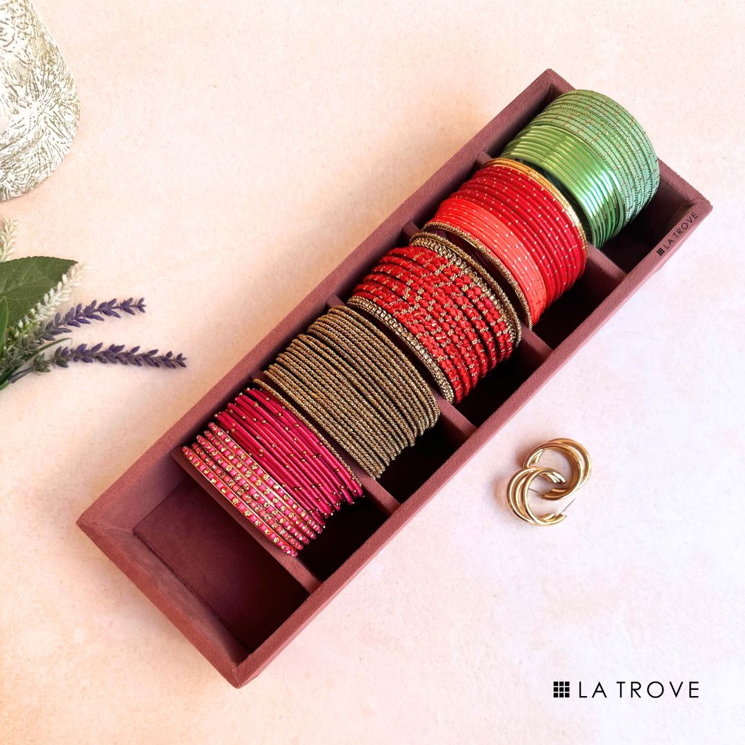 Dark pink 6 slot velvet bangle organiser tray for jewellery storage.