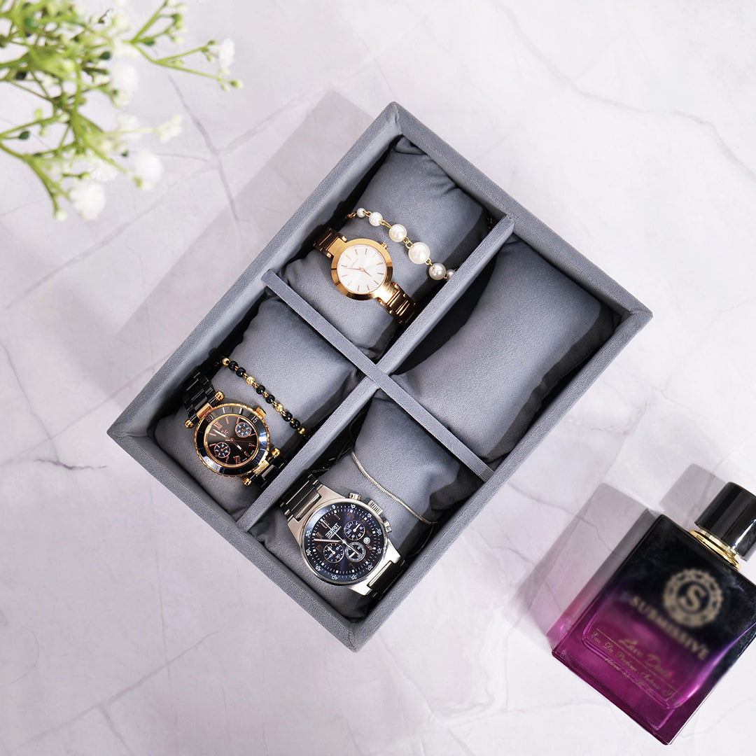 4-slot grey velvet watch tray with leatherette finish