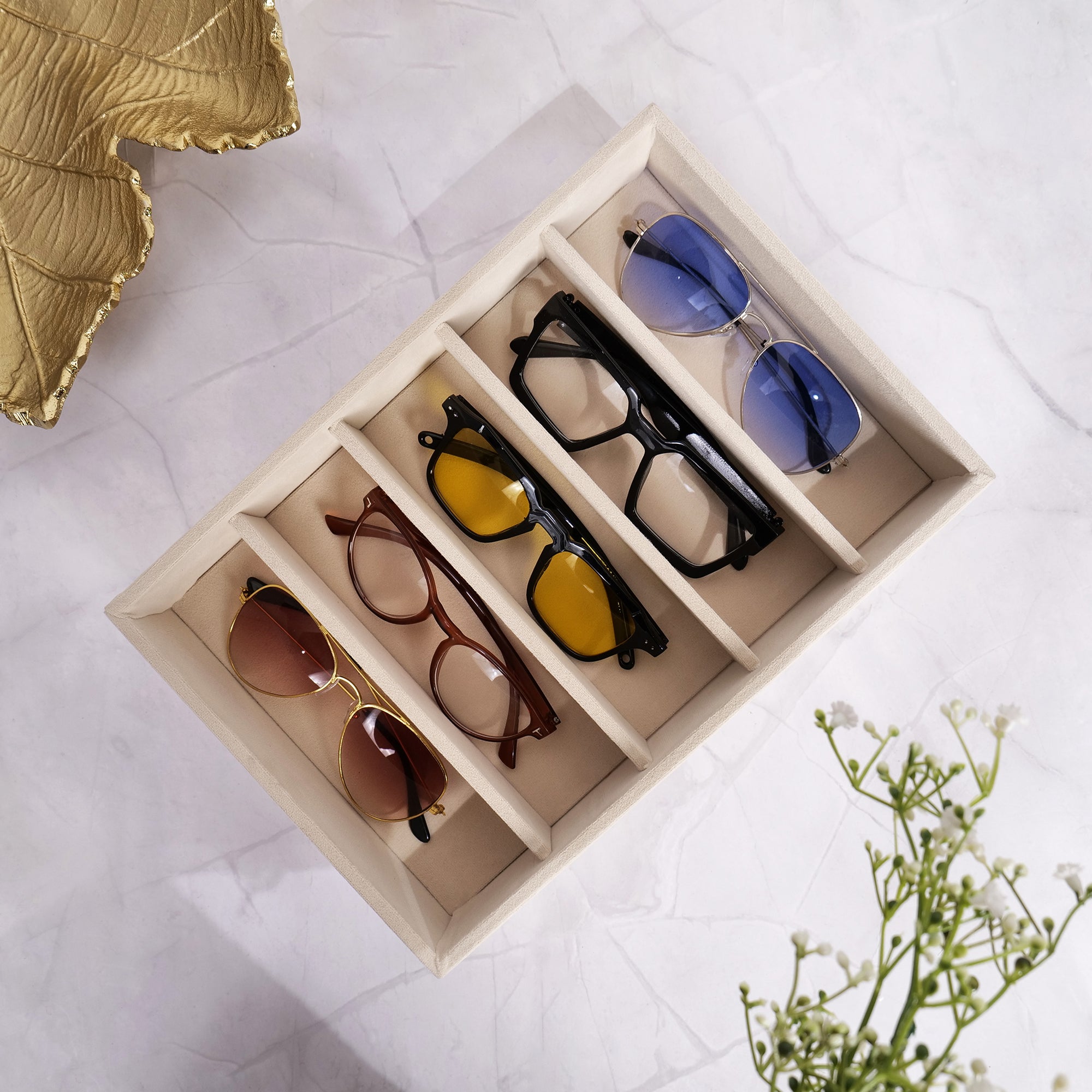 Cream velvet 5-slot sunglass tray for organizing eyewear