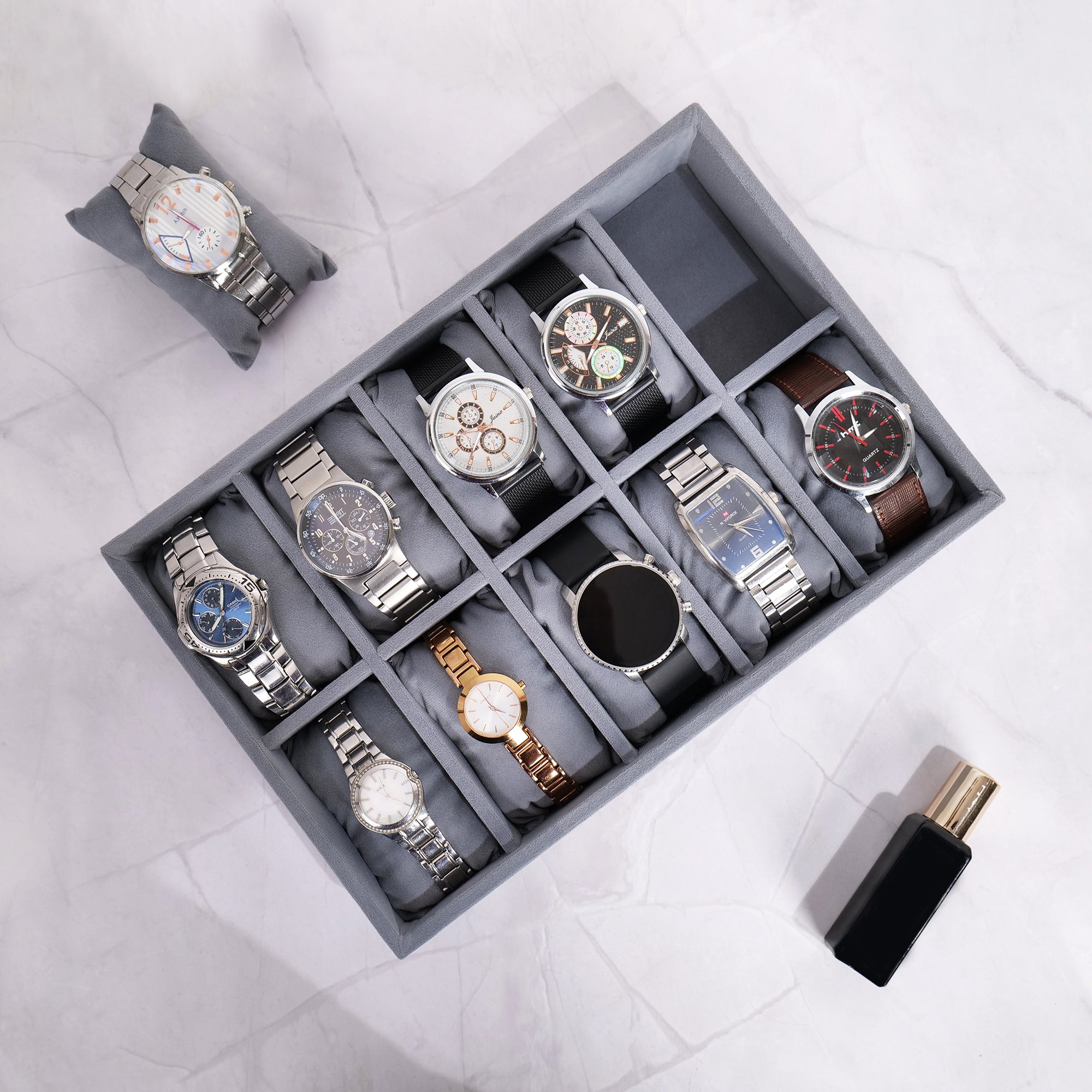 Grey 10-slot watch tray with velvet-lined compartments