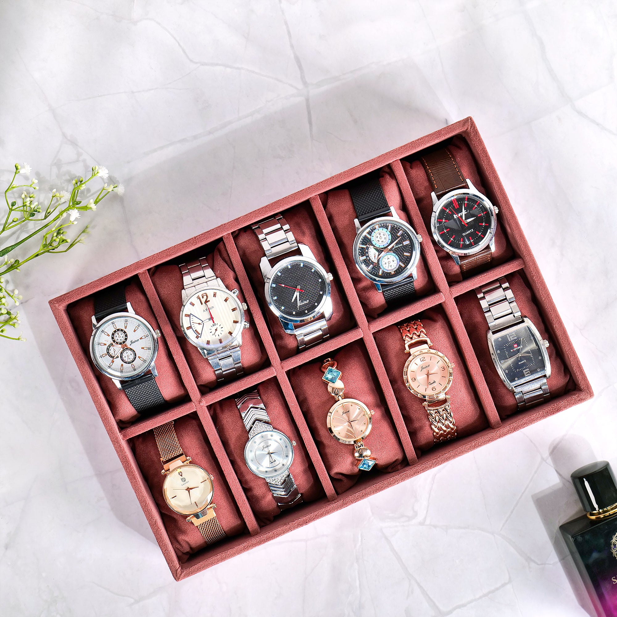 Dark pink 10-slot watch tray with velvet-lined compartments