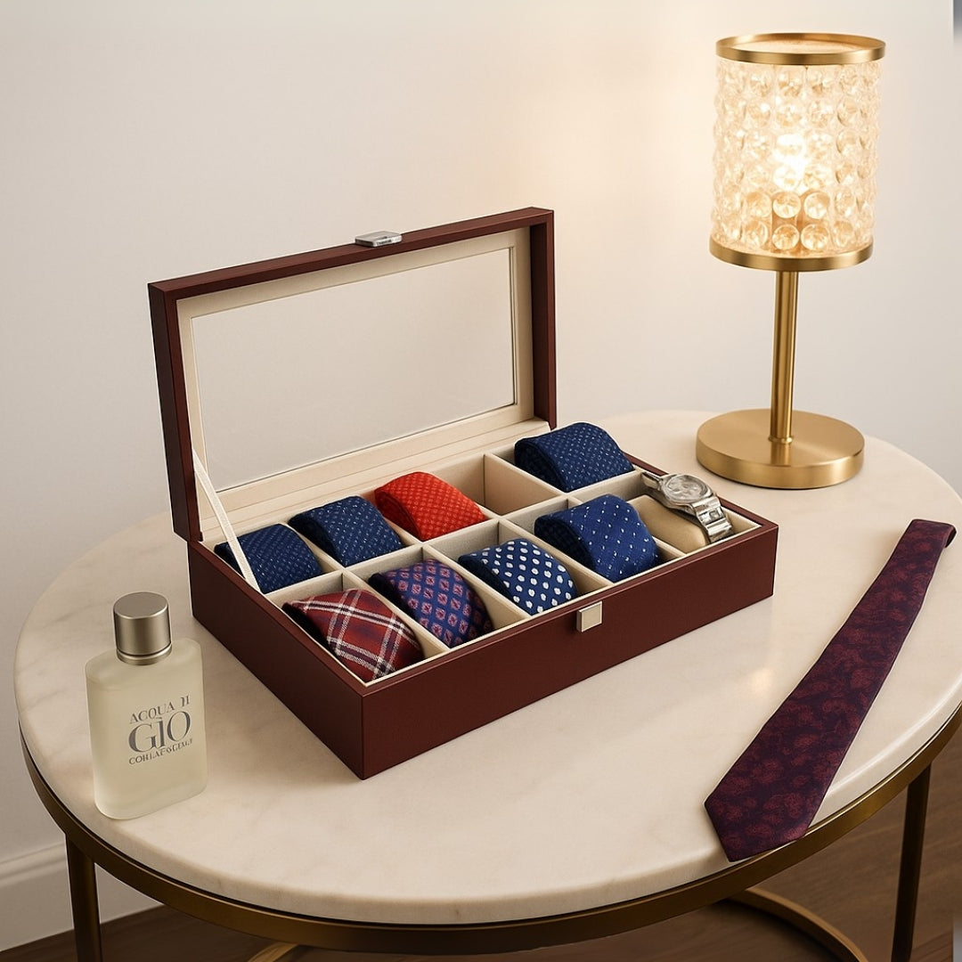 TBT 10 Slot Tie & Pocket Square Box With Glass Top