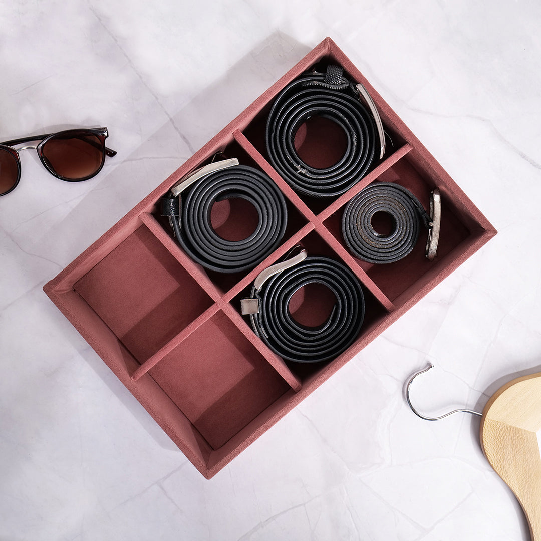 Dark pink 6-slot belt tray with soft velvet-lined compartments