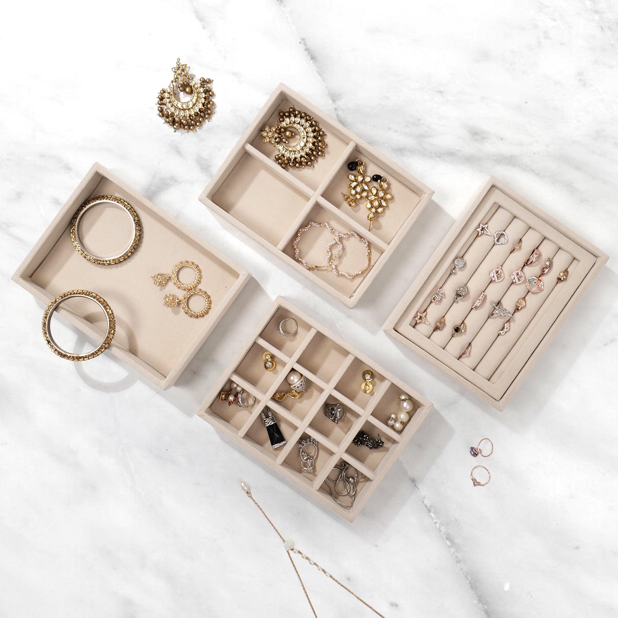 Stackable jewellery trays by La Trove – elegant drawer organizer for rings, earrings & bangles.