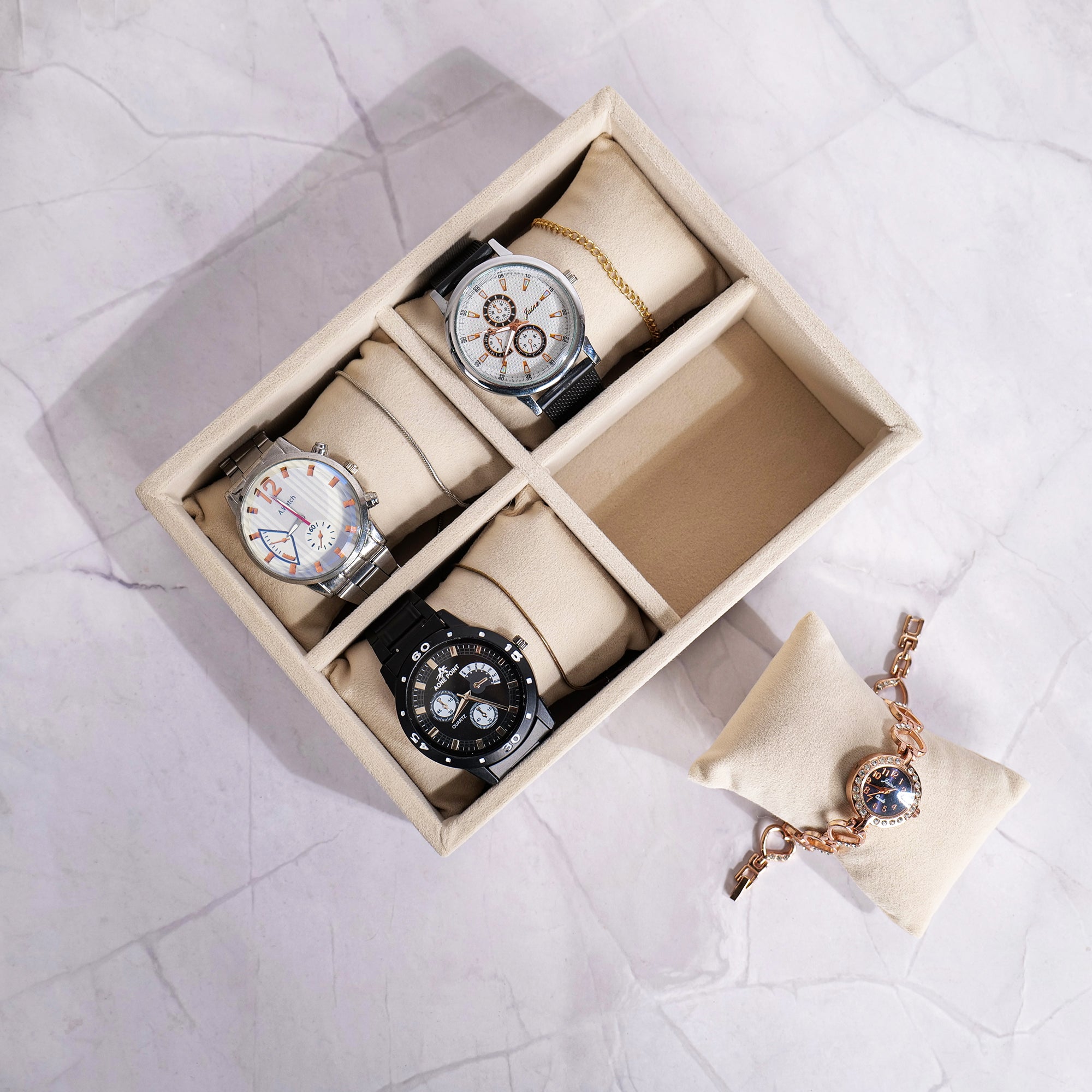 Cream 4-slot velvet watch tray with compact leatherette design.