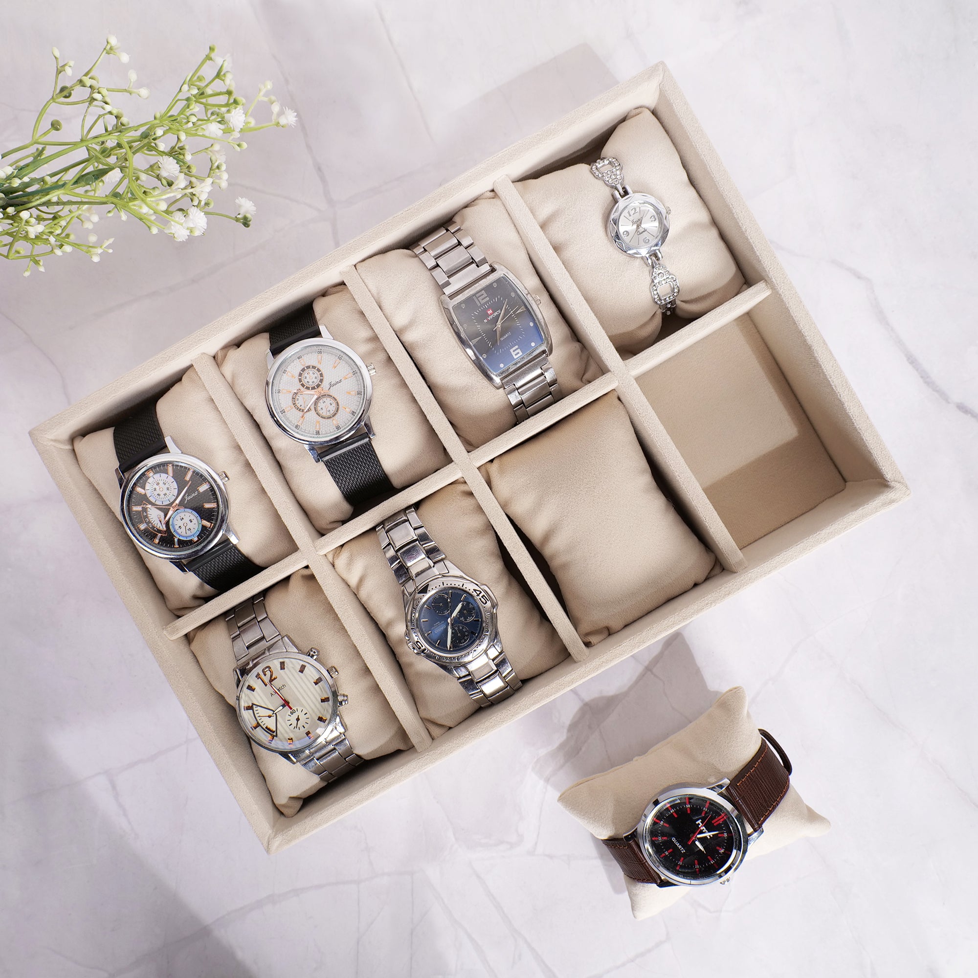 8 Slot Watch Tray in Cream – Elegant Leatherette Organizer by La Trove.