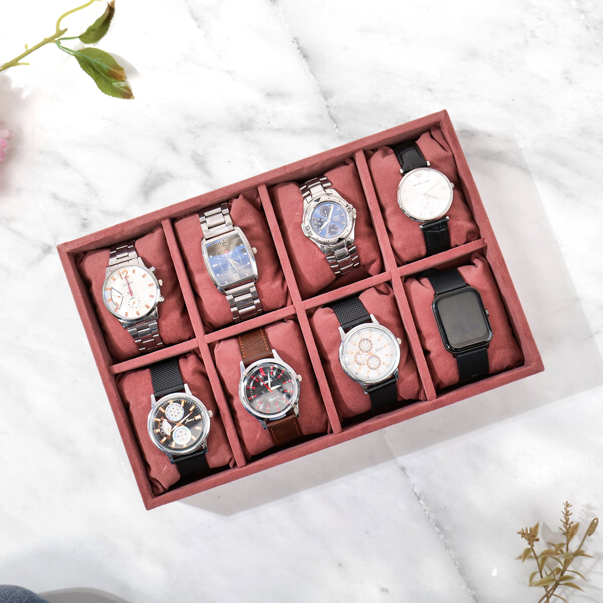 8 Slot Watch Tray in Dark Pink – Premium Leatherette Organizer by La Trove.