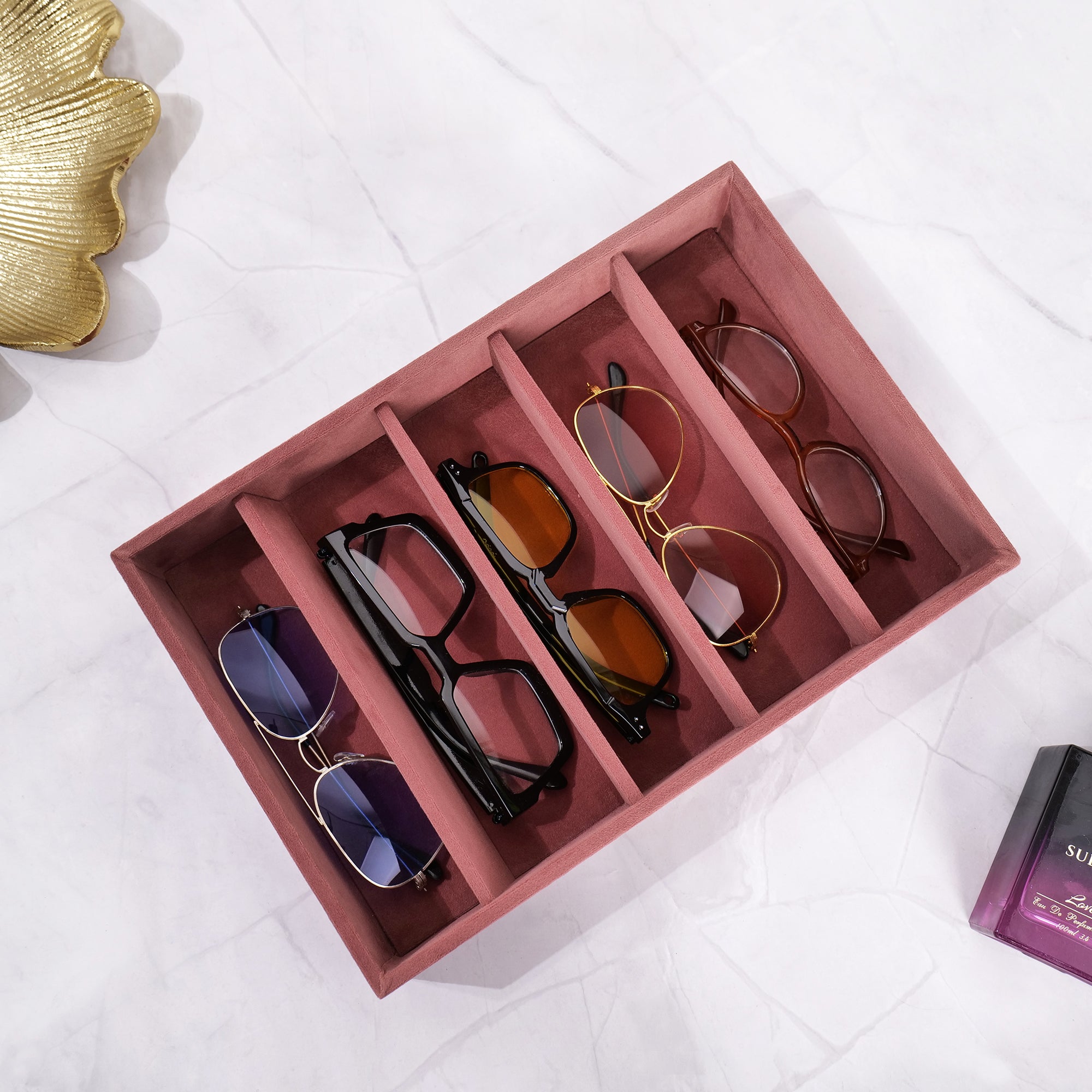 Dark pink 5-slot sunglass organizer tray with plush velvet interior