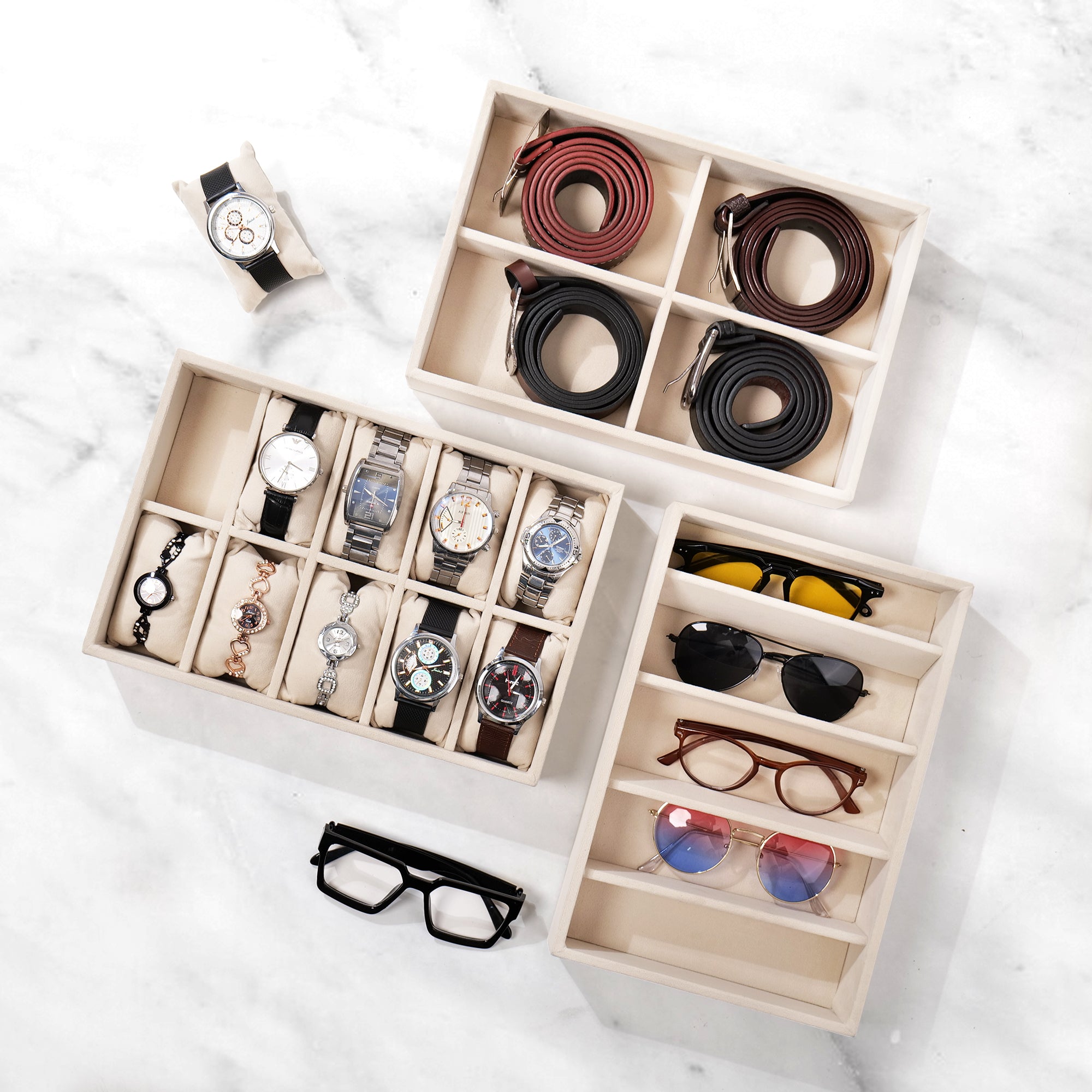 Cream Combo Tray for Belt, Watch & Sunglasses – Chic & Minimal. 