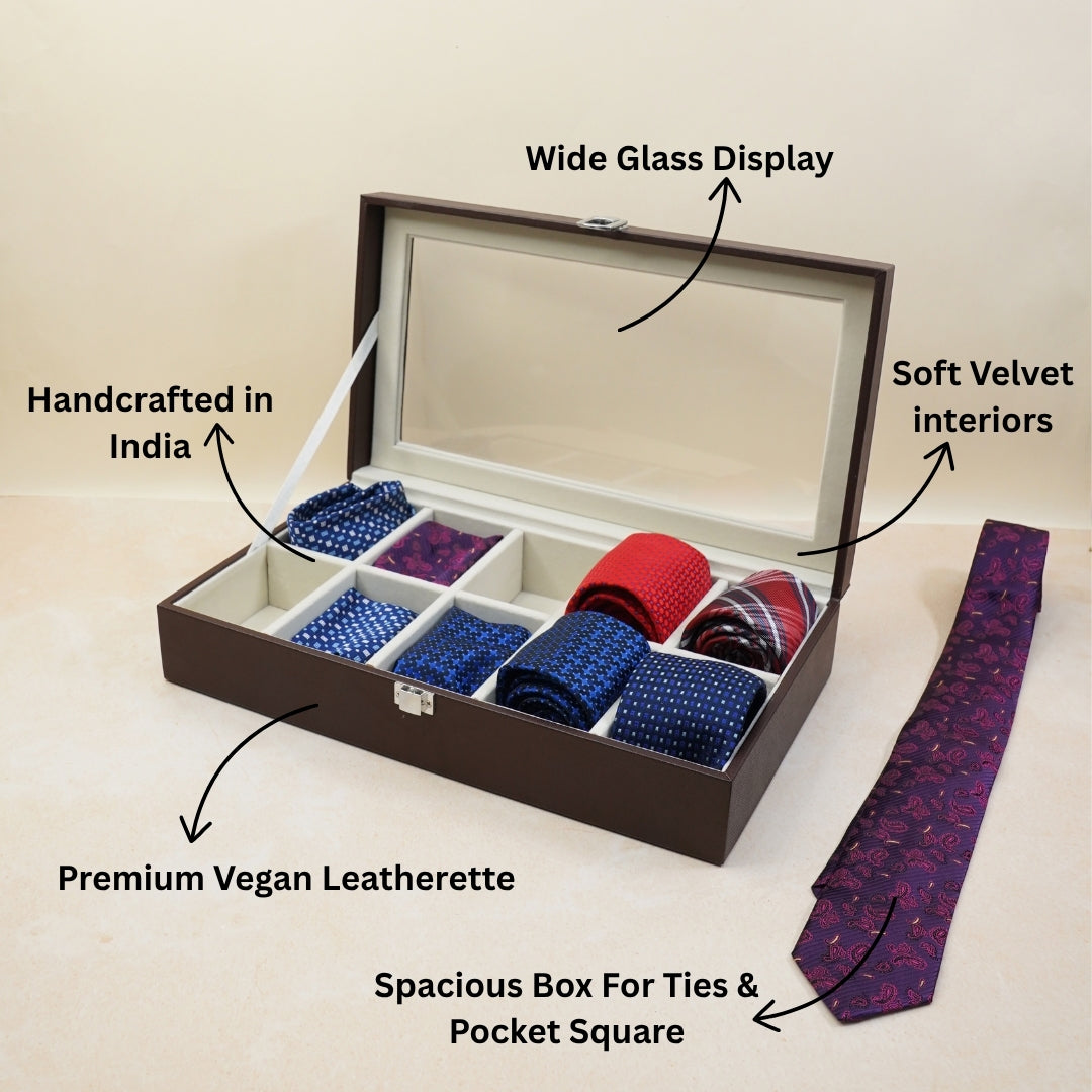 Brown tie organiser box with glass lid showing neatly arranged ties.