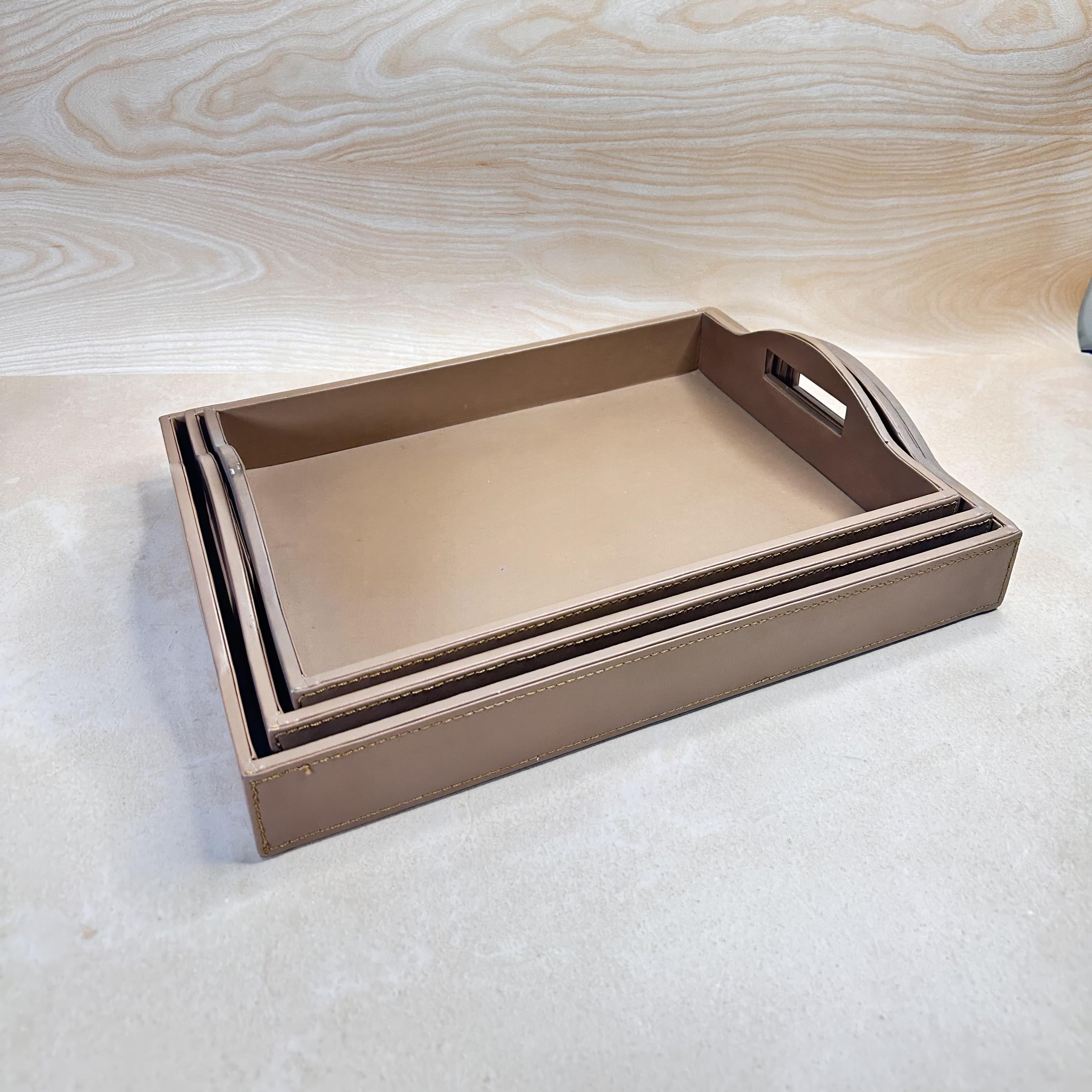 Set Of 3 Premium Tan Faux Leather Nesting Tray