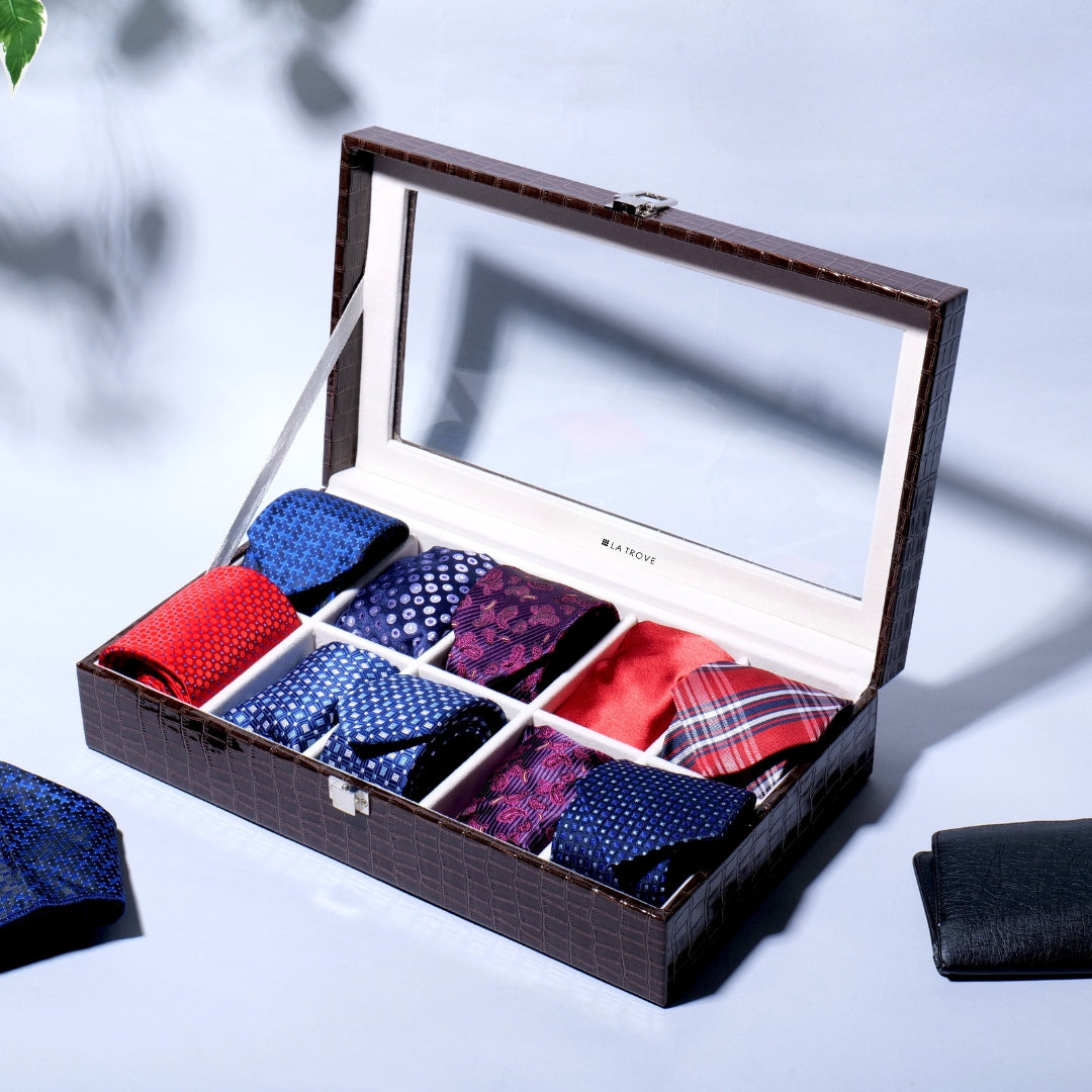 Brown 10 Slot Tie Organizer with Glass Lid – Classy Leatherette Storage Box.