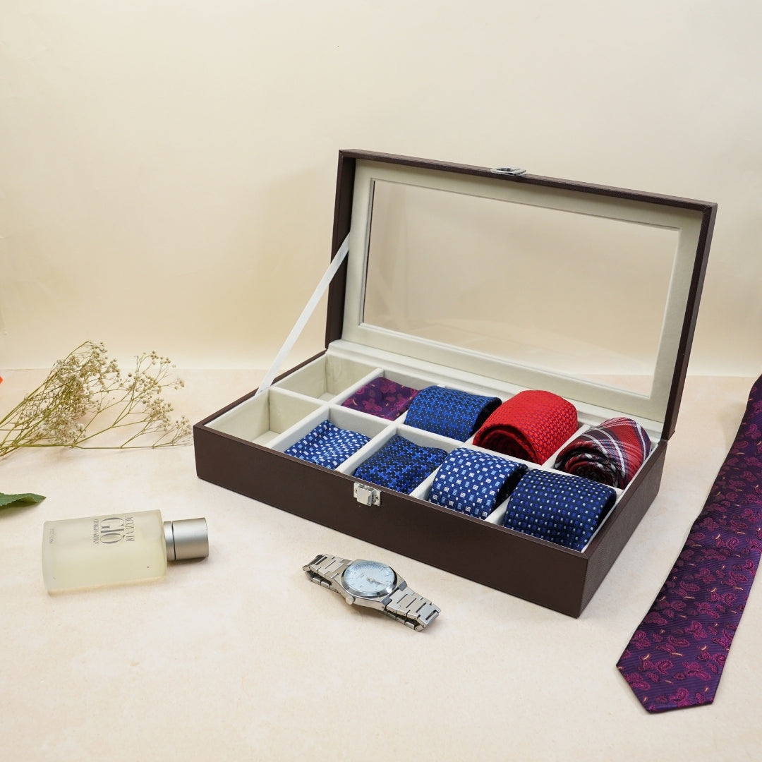 TBT Tie Box with Glass Top – Brown Luxury Tie Organiser