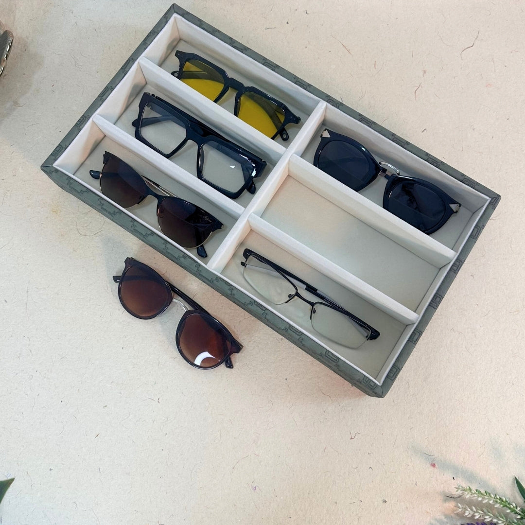 Olive Green Sunglass Organiser Tray – 6 Slot Stylish Eyewear Holder by LaTrove.