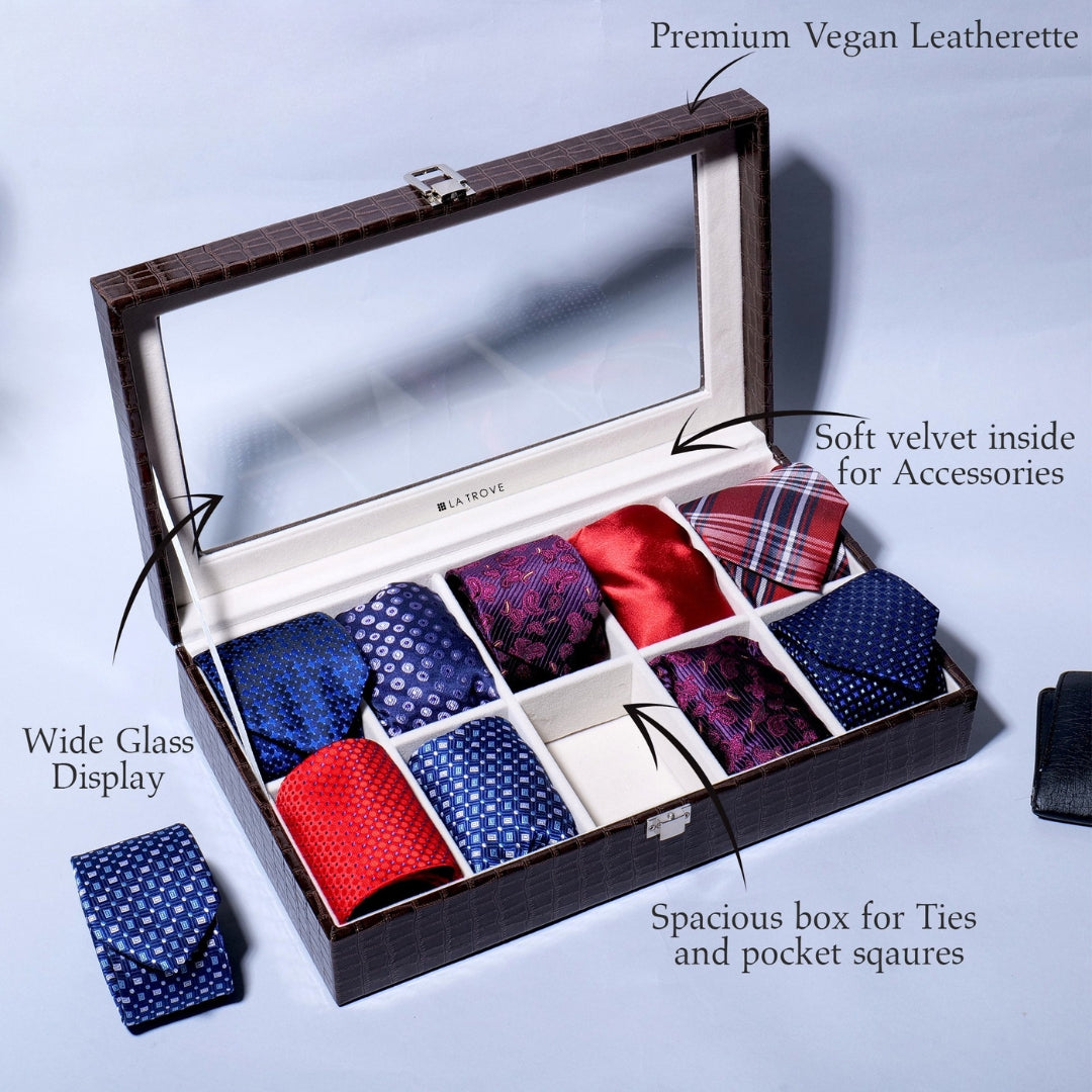10 Slot Tie Pocket Square Box With Glass Top