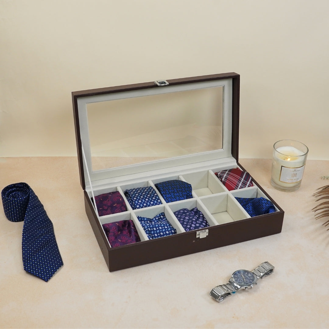TBT Tie Box with Glass Top in Brown for organised tie storage.