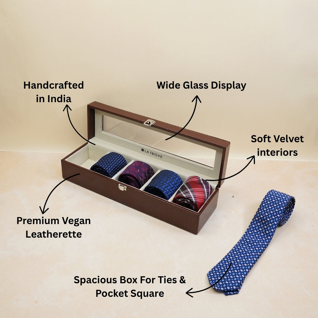 5 Slot Tie & Pocket Square Box With Glass Top