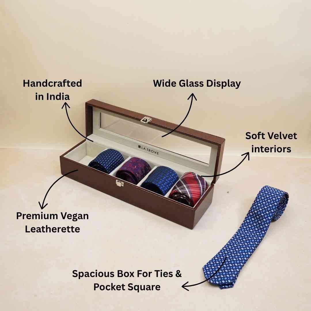 5 Slot Tie & Pocket Square Box With Glass Top