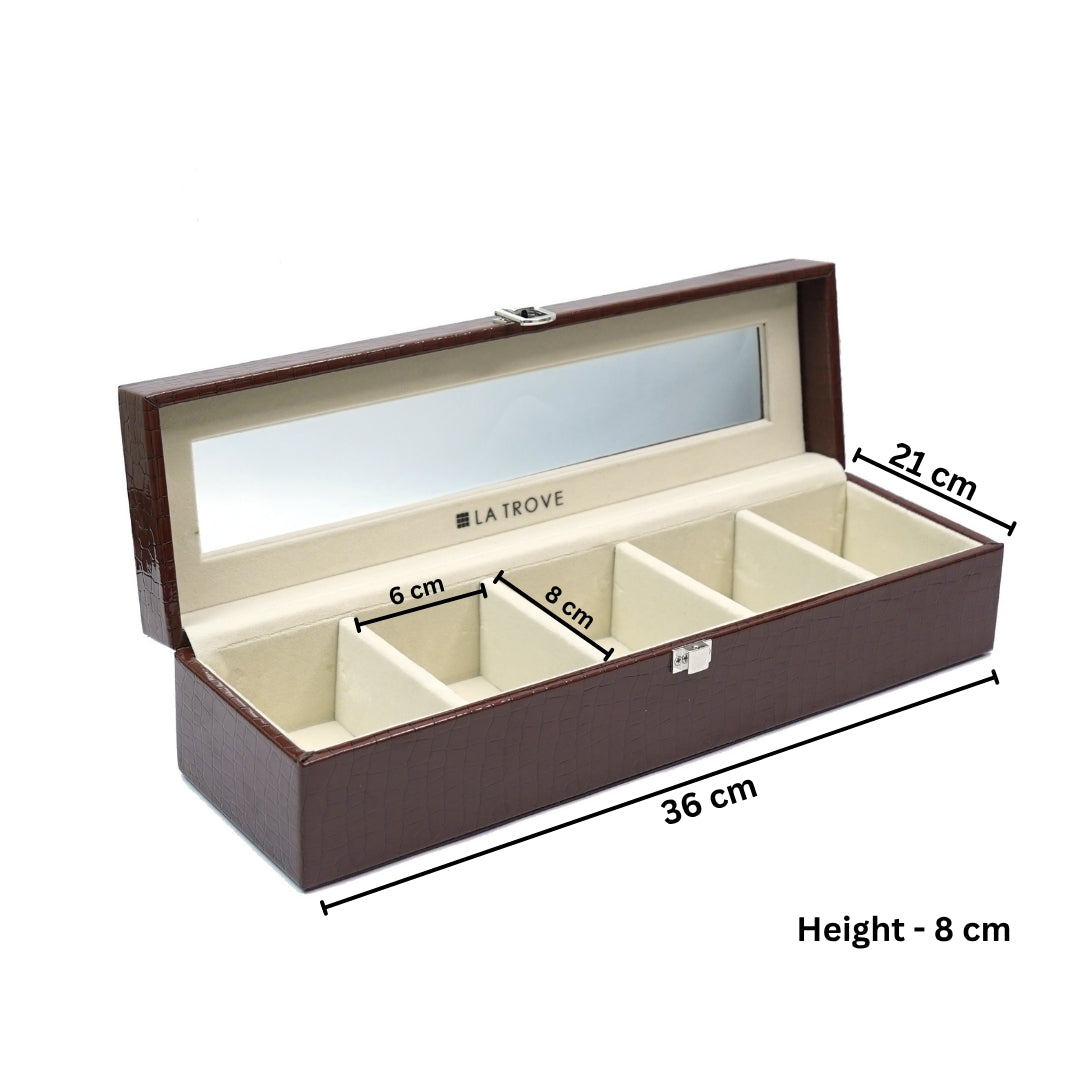 5 Slot Tie & Pocket Square Box With Glass Top