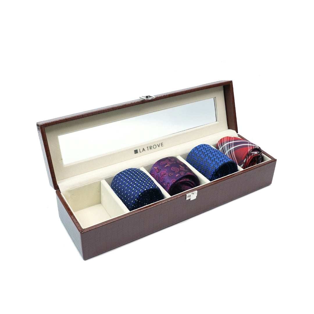 5 Slot Tie & Pocket Square Box With Glass Top