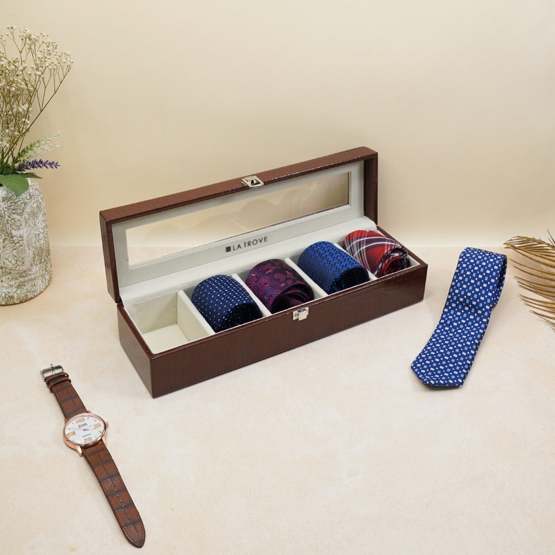Brown 5 Slot Tie & Pocket Square Box with Glass Top – La Trove.