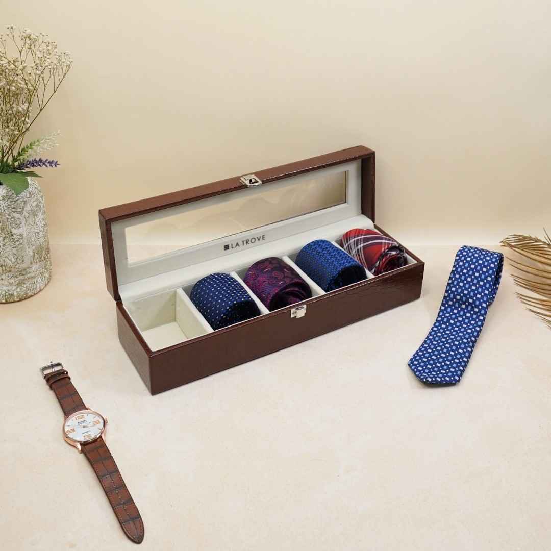 5 Slot Tie & Pocket Square Box With Glass Top