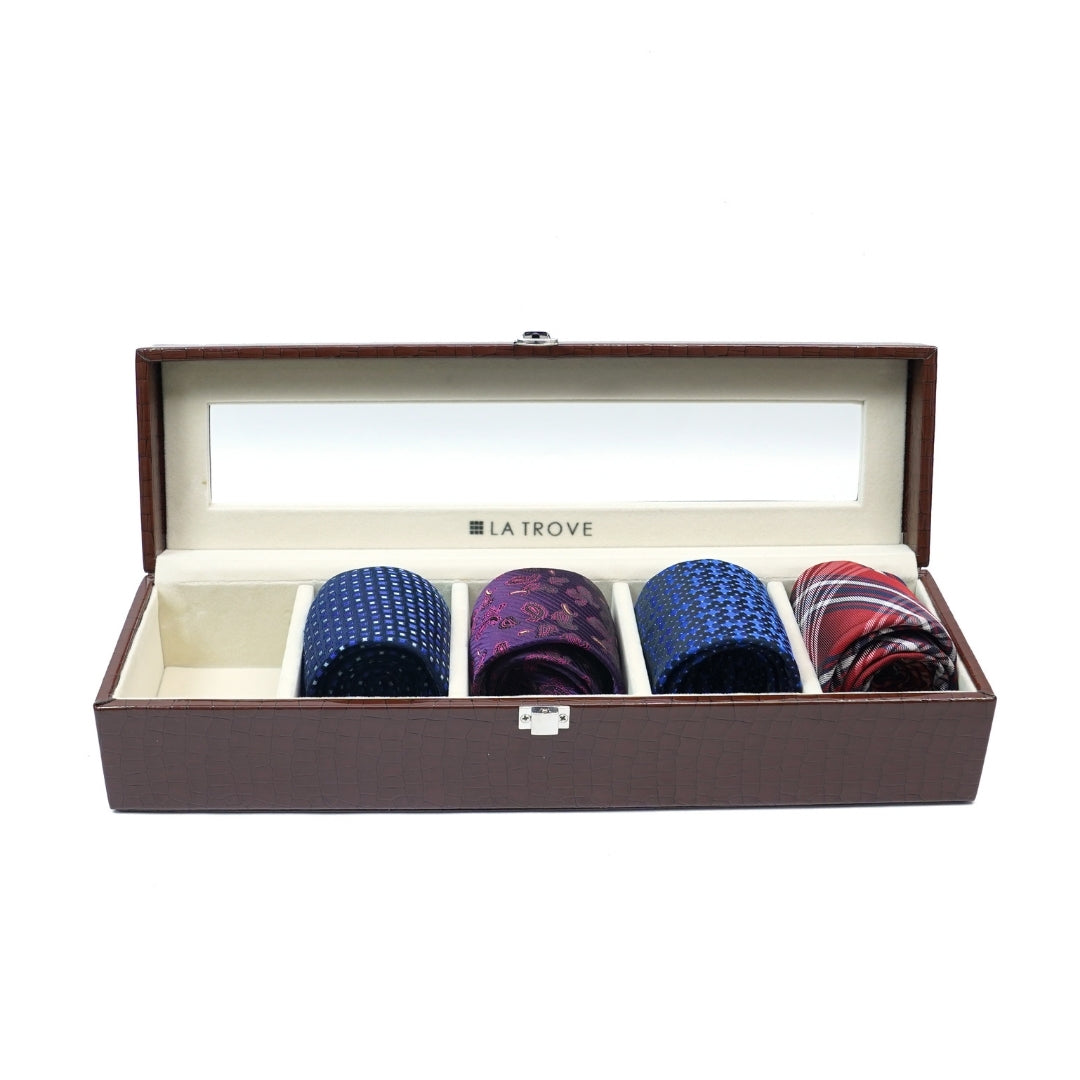 5 Slot Tie & Pocket Square Box With Glass Top