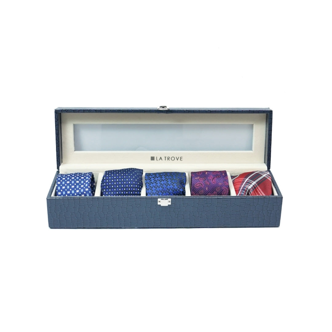 5 Slot Tie & Pocket Square Box With Glass Top