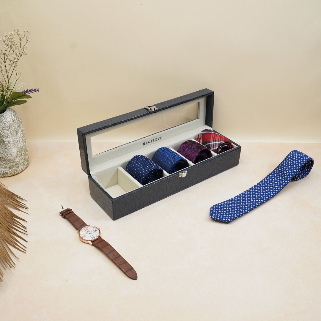 5 Slot Tie & Pocket Square Box With Glass Top