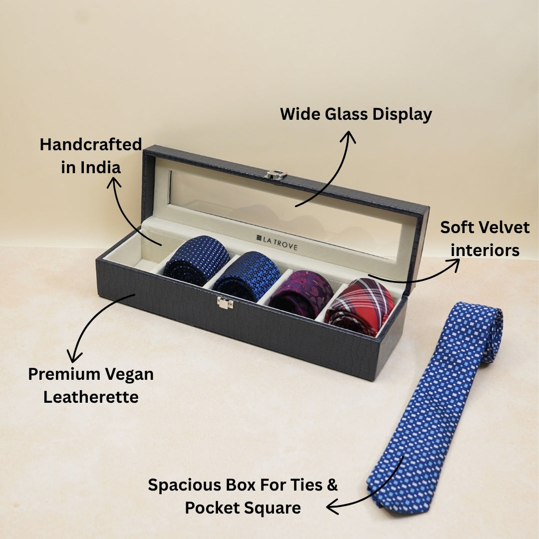 5 Slot Tie & Pocket Square Box With Glass Top