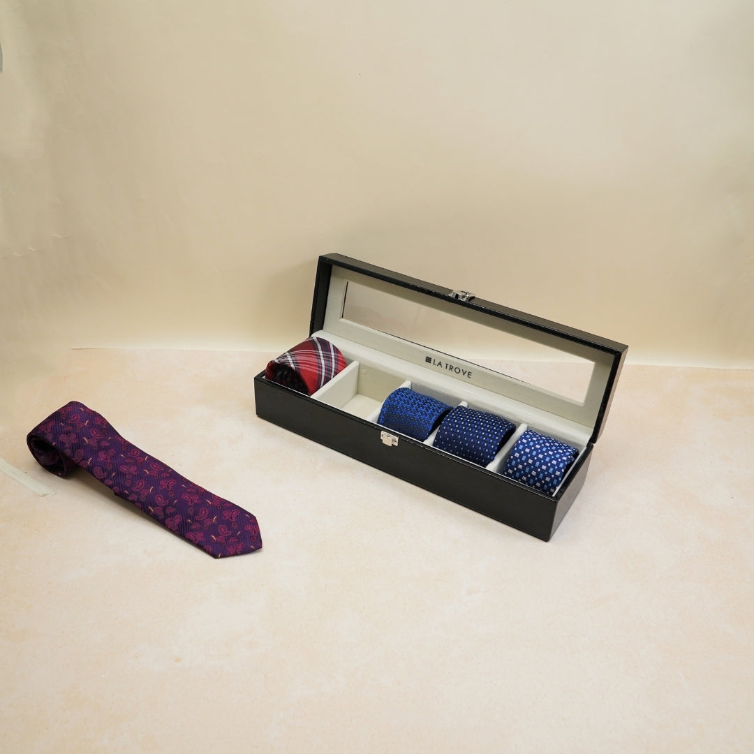 5 Slot Tie & Pocket Square Box With Glass Top