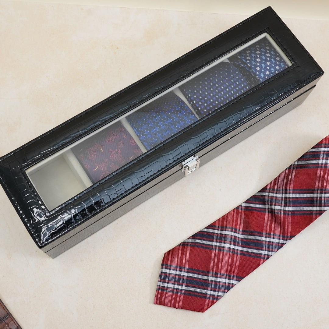 5 Slot Tie & Pocket Square Box With Glass Top