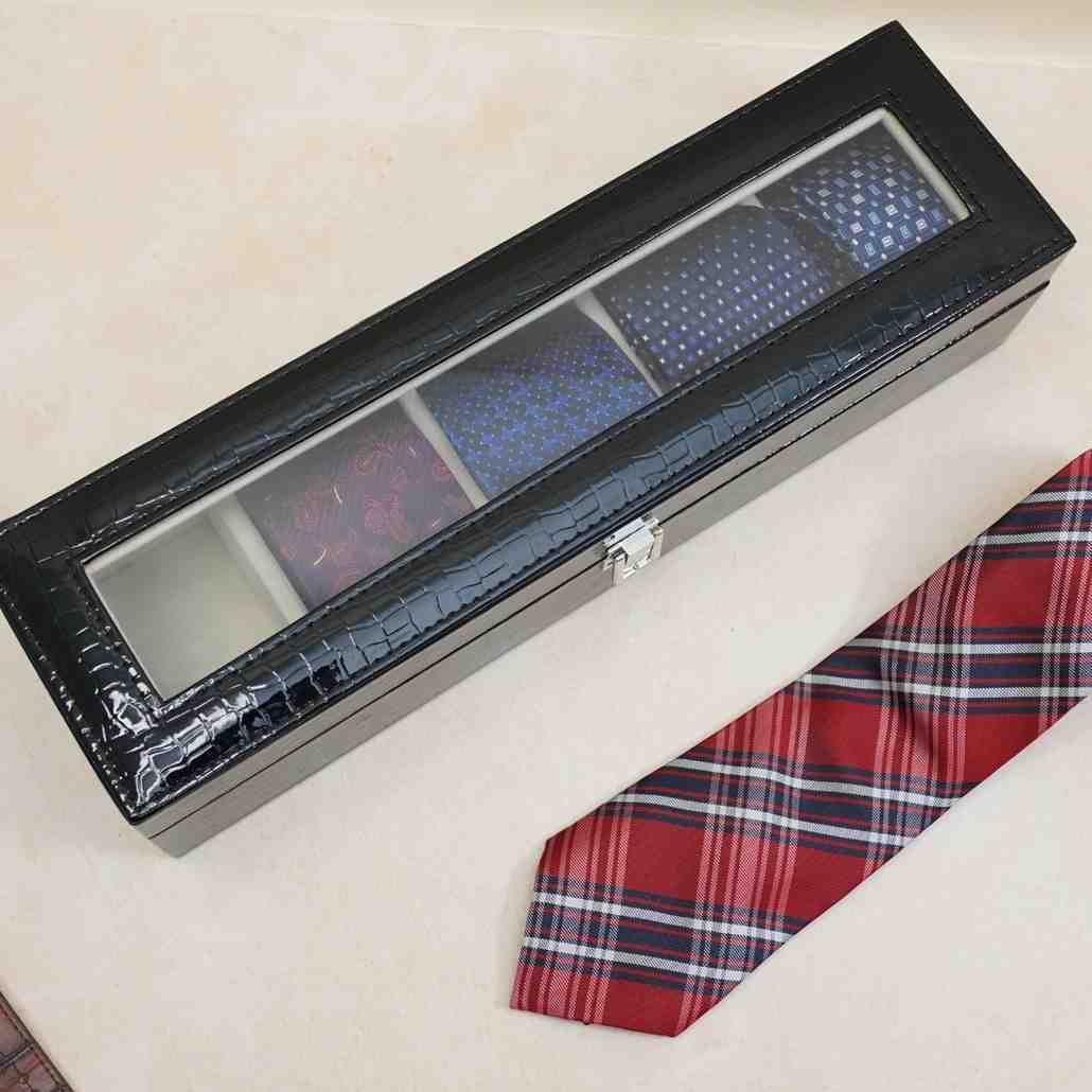 5 Slot Tie & Pocket Square Box With Glass Top