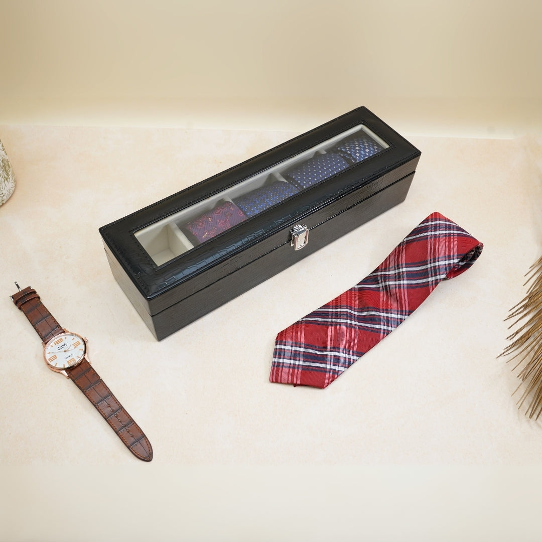 5 Slot Tie & Pocket Square Box With Glass Top