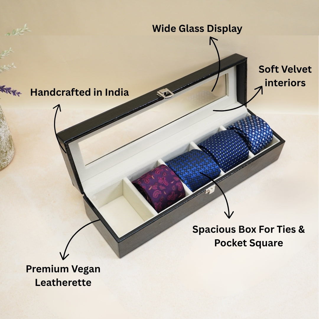 5 Slot Tie & Pocket Square Box With Glass Top