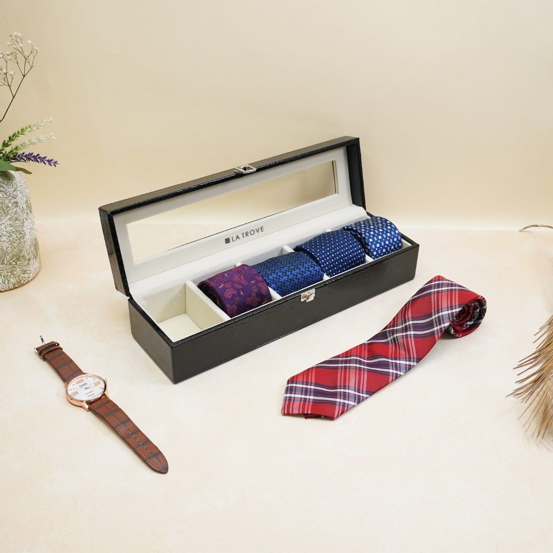 Black 5 Slot Tie & Pocket Square Box with Glass Top – La Trove.