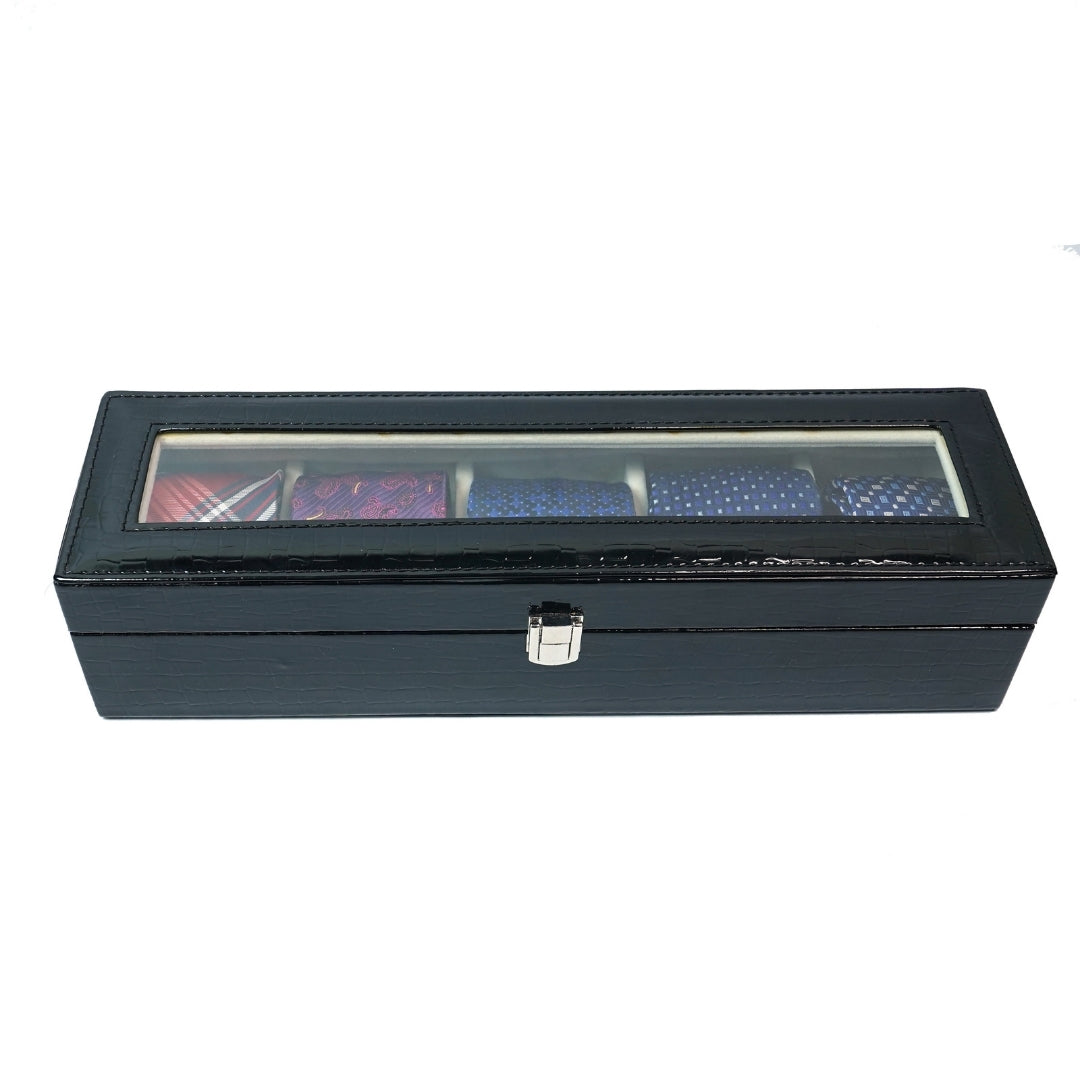 5 Slot Tie & Pocket Square Box With Glass Top