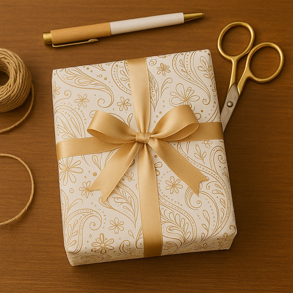 Flower Gold & White Gift Wrapping Paper – Luxury Pack.