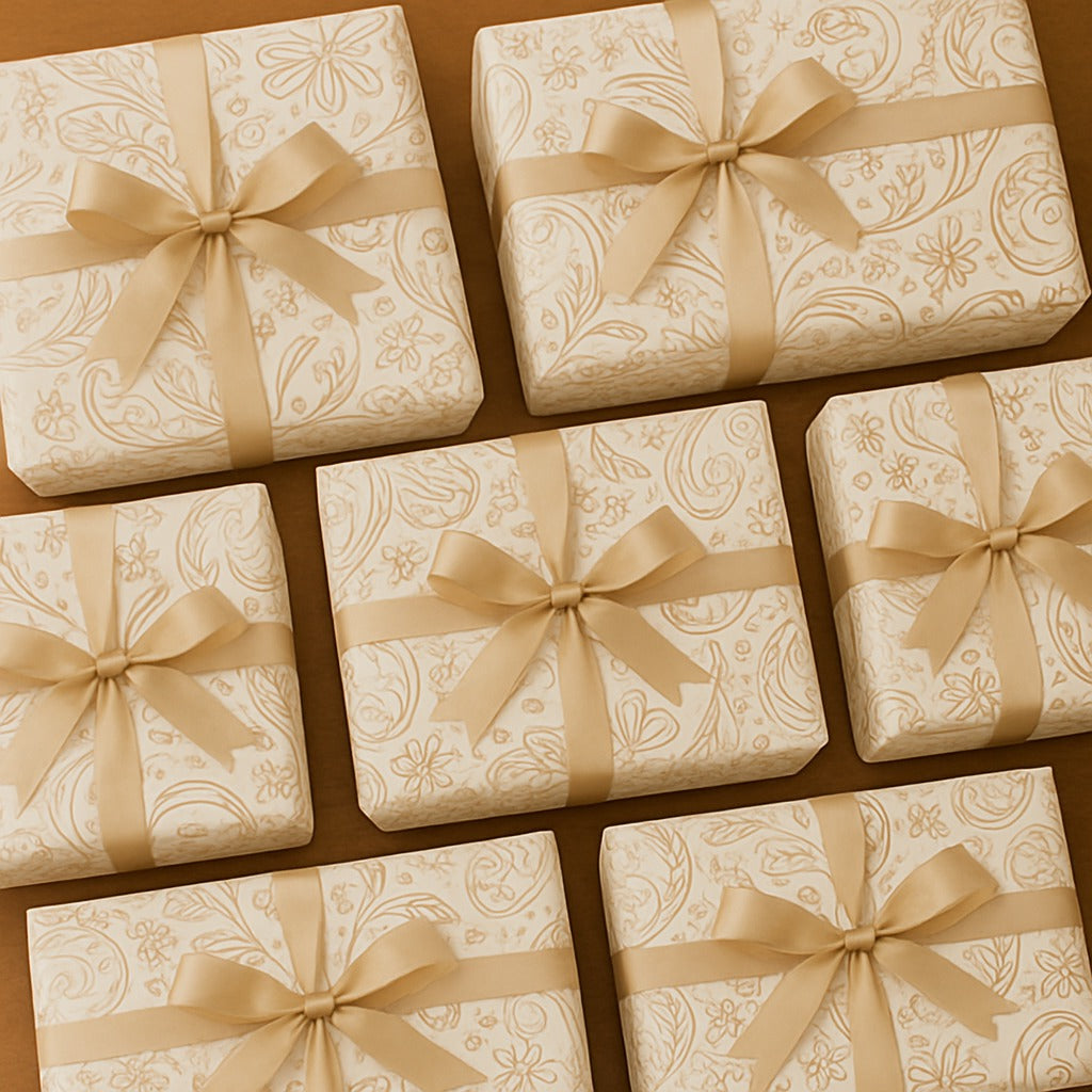 Gold floral design on white gift wrapping paper.